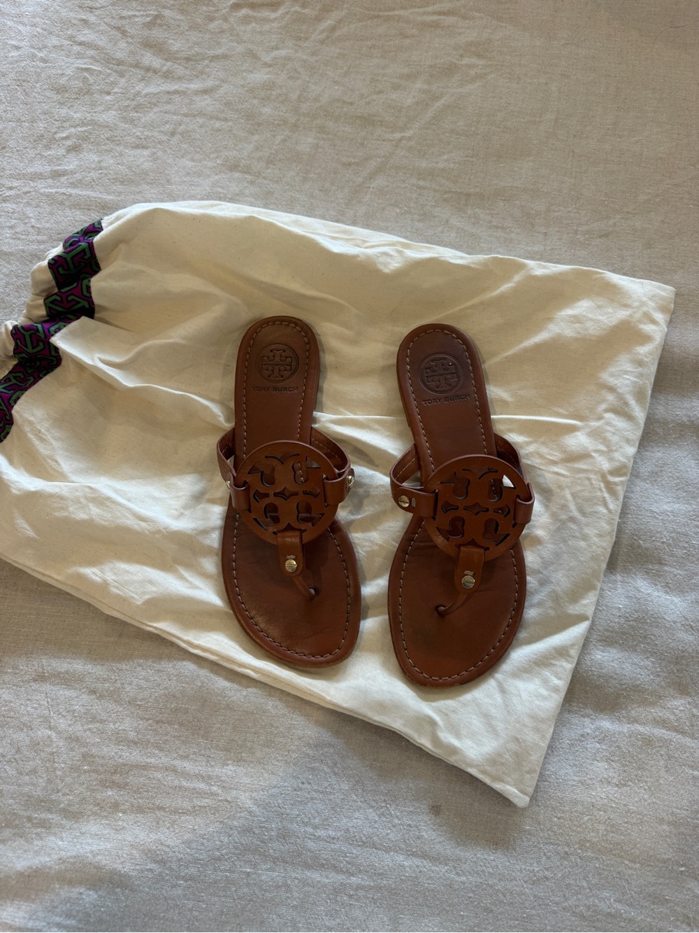 Tory Burch Brown Leather Miller Thong Sandals with Logo Medallion
